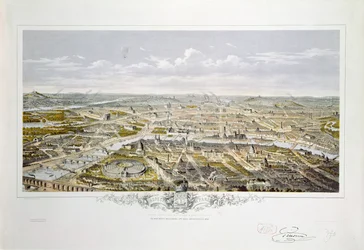 Blick auf Paris vom Bois de Boulogne, während der Weltausstellung 1867 (Farbstich)